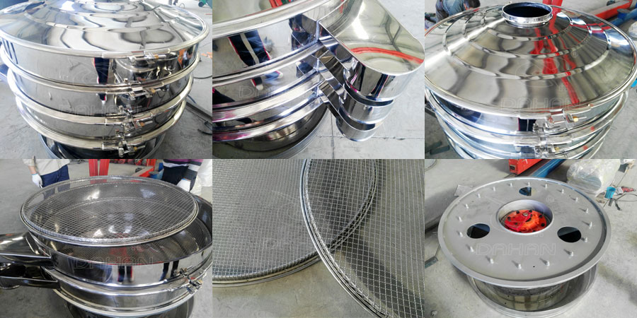 圓形振動(dòng)篩結(jié)構(gòu)：出料口，底座，進(jìn)料口，篩網(wǎng)等部件展示圖